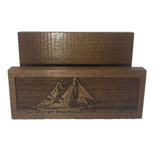 Vintage Lasercraft Brown Walnut Business Card Holder Sailboat 4" Long‎